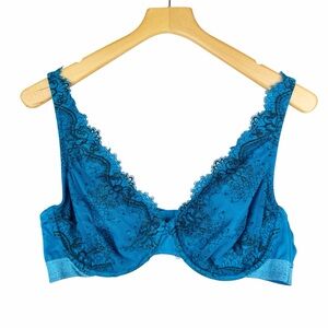 Cacique Bra 42C Dark Teal Blue Lace Covered Unlined Full Coverage